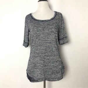 Athleta High Low Black and White Stripped Scoop Neck Short Sleeve Shirt